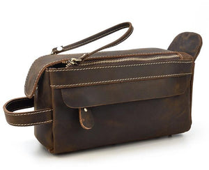 brown leather travel toiletry bag