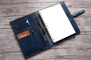 blue leather binder folder
